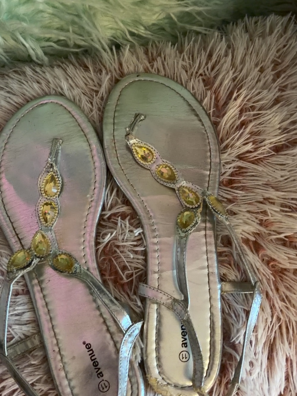 Avenue Metallic Silver T-Strap Sandals with Yellow Gem Accents